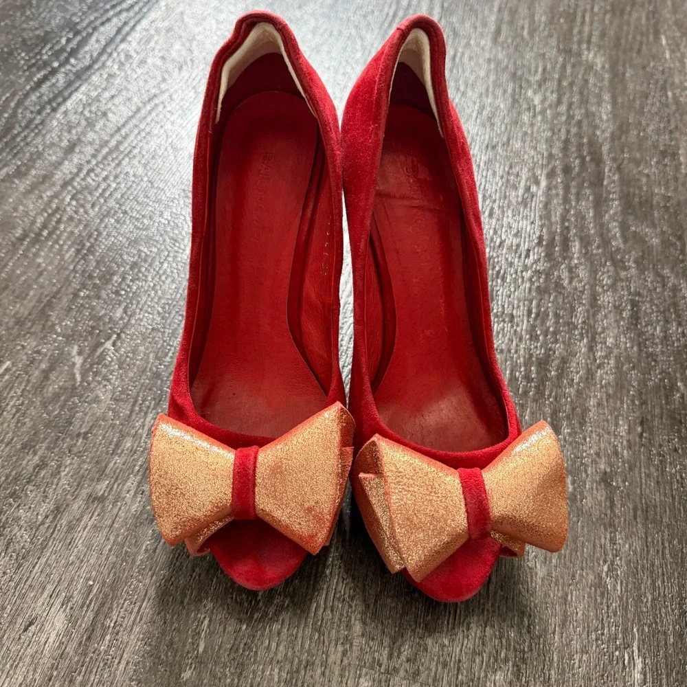 Bailing Li Ren Red Suede Platform Heels with Glitter Bow Pumps Women Size 5.5